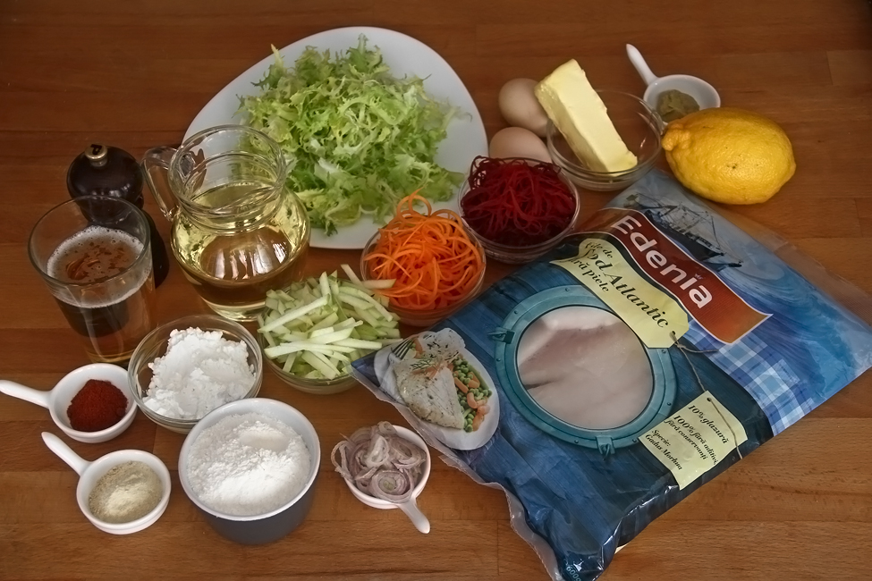 ingrediente file de peste in aluat cu crusta de bere cu salata si sos olandez