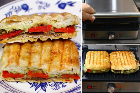 Sandwich vegan la grill – cu pleurotus, ceapă caramelizată și ardei copt